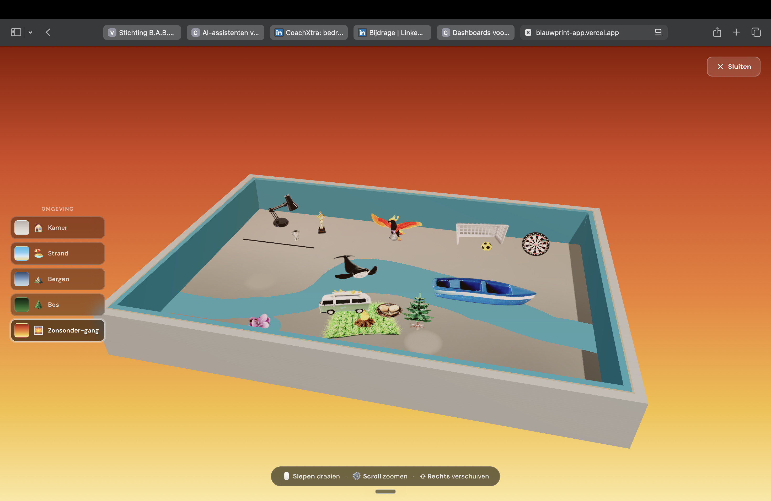 Blauwprint Coach App in 3D-modus, zonsondergang omgeving