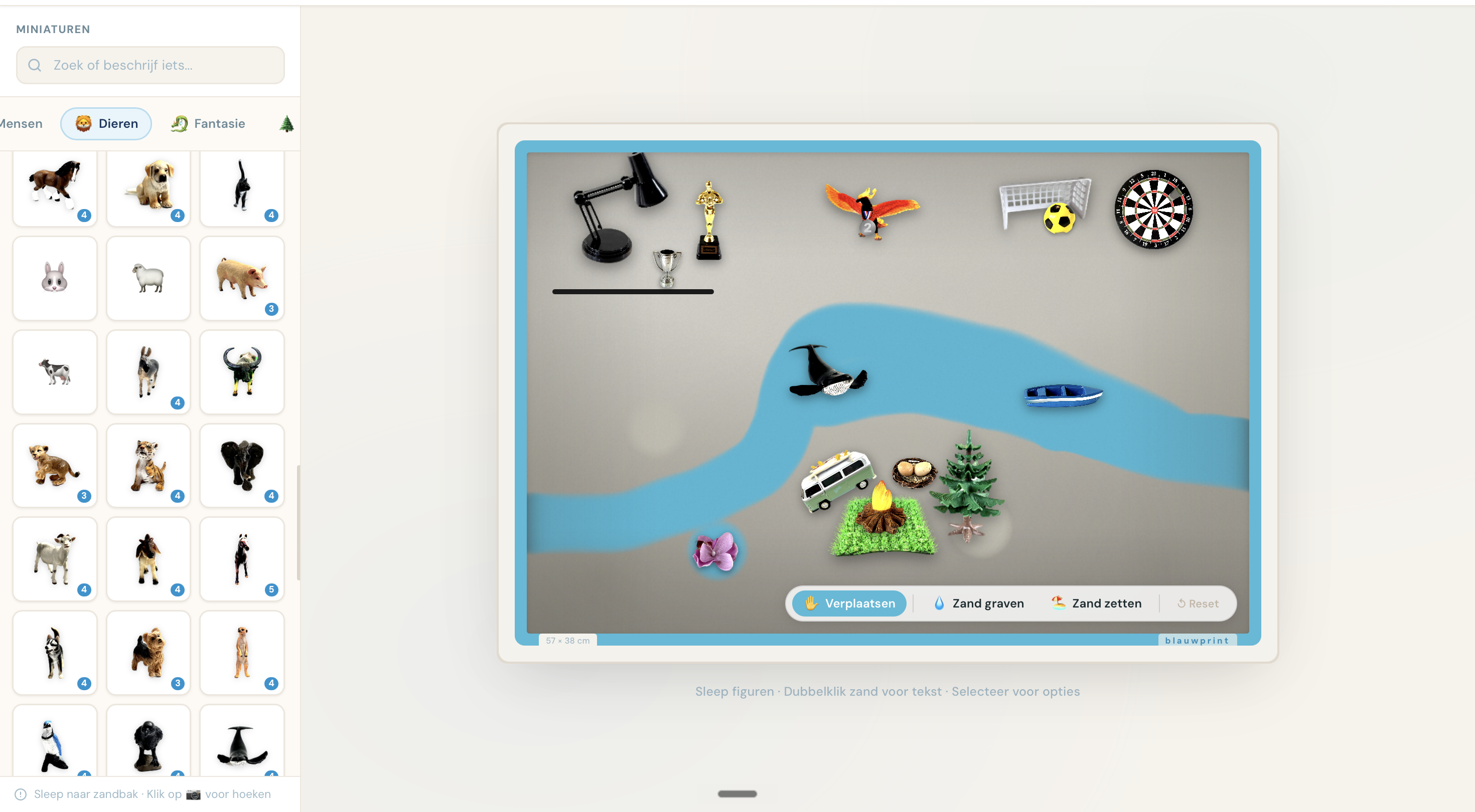 Blauwprint Coach App editor met zandbak en miniaturen bibliotheek